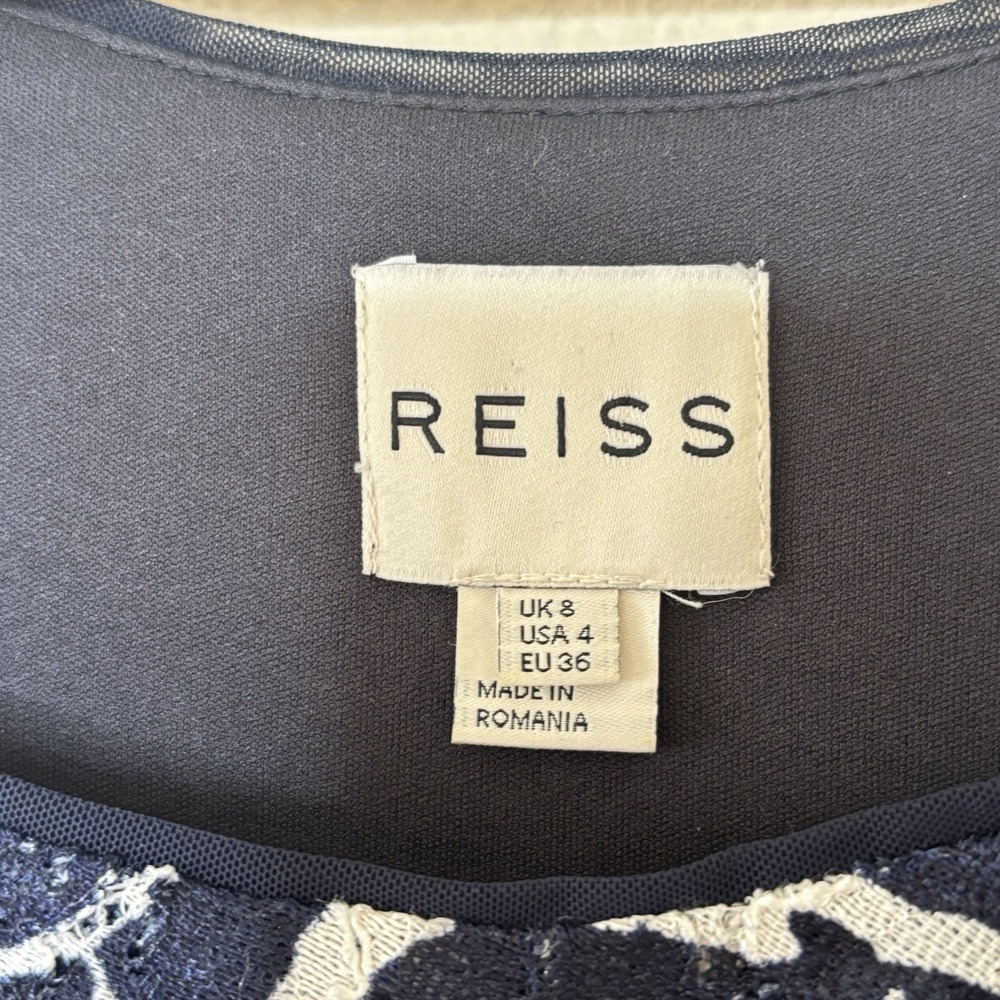 Reiss Cindy Bodycon Midi Dress Womens Size 4 Navy Abstract Retro Office Siren - Picture 6 of 10